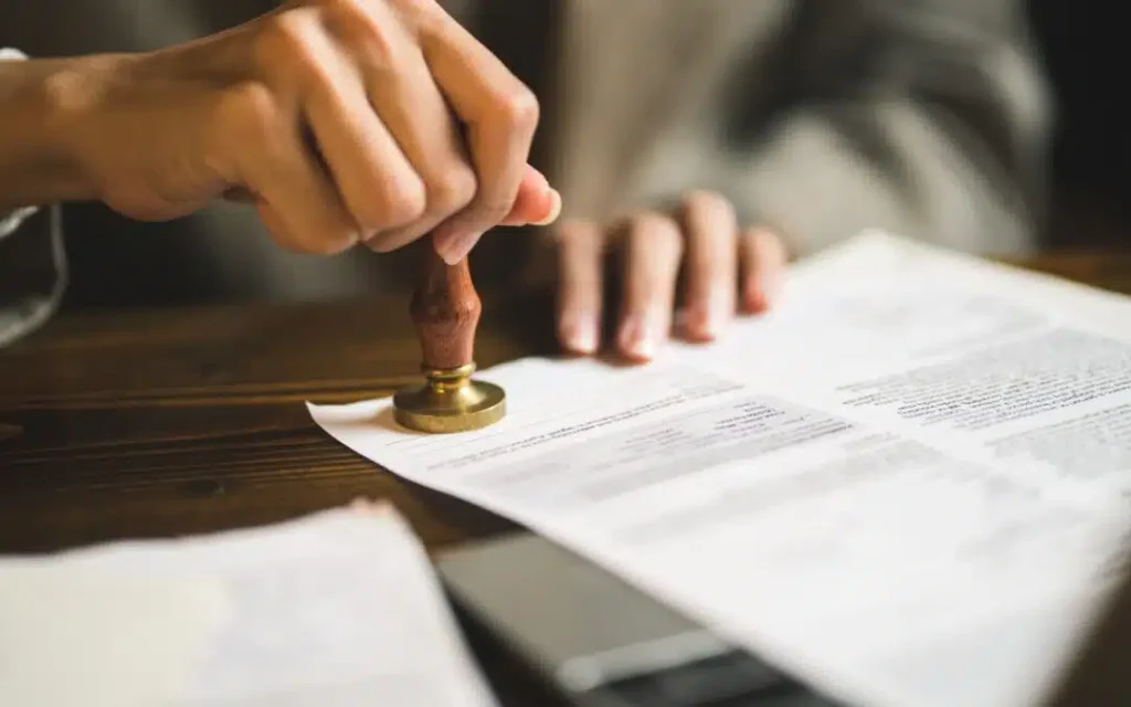 Une femme appose son sceau pour certifier un document posé sur une table.